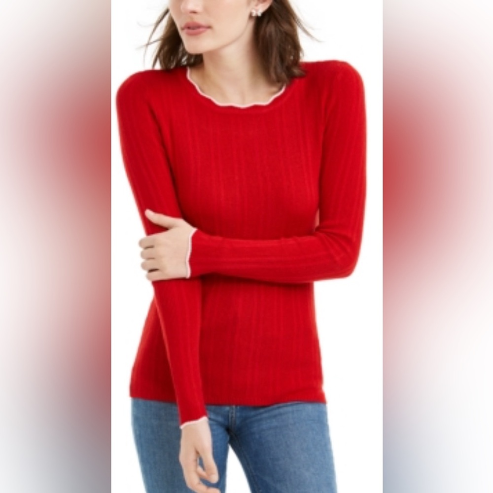 Maison Jules Large Red Long Sleeve Red & White Sweater Ribbed w/Scallop Neckline